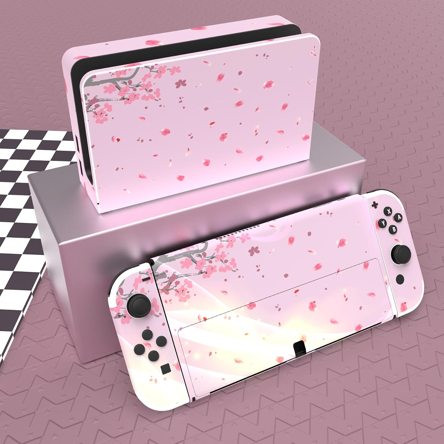 Detalle de PlayVital Full Set Protective Stickers for Nintendo Switch OLED (Pink Cherry Blossom)