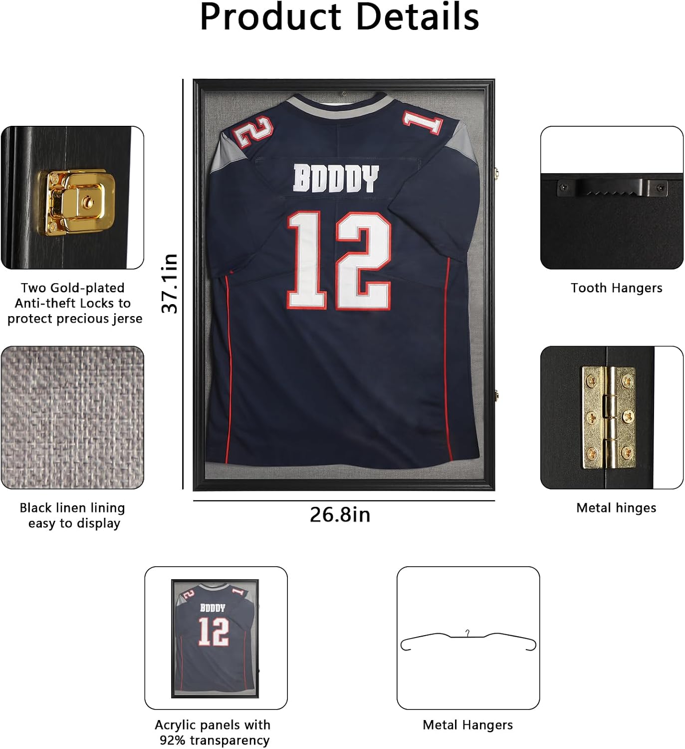 Thumbnail 1 de IHEIPYE Large Lockable Jersey Frame Display Case with UV-Protection Acrylic Panel (Linen Black)