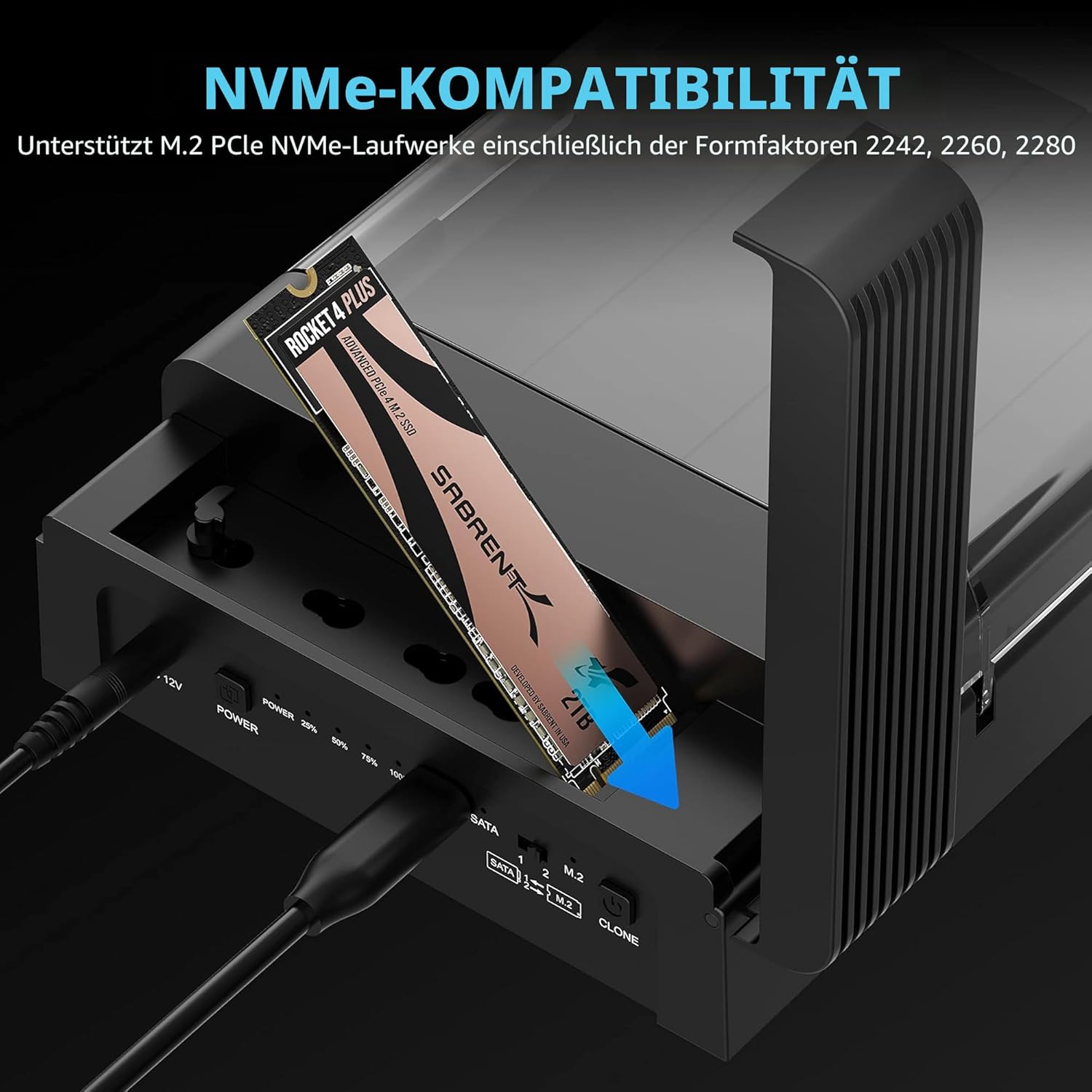 Detalle de SABRENT M.2 SSD & HDD Dockingstation (DS-UFNC) – NVMe & 2,5/3,5 SATA per USB-C, 10 Gbps und Offline-Klonen