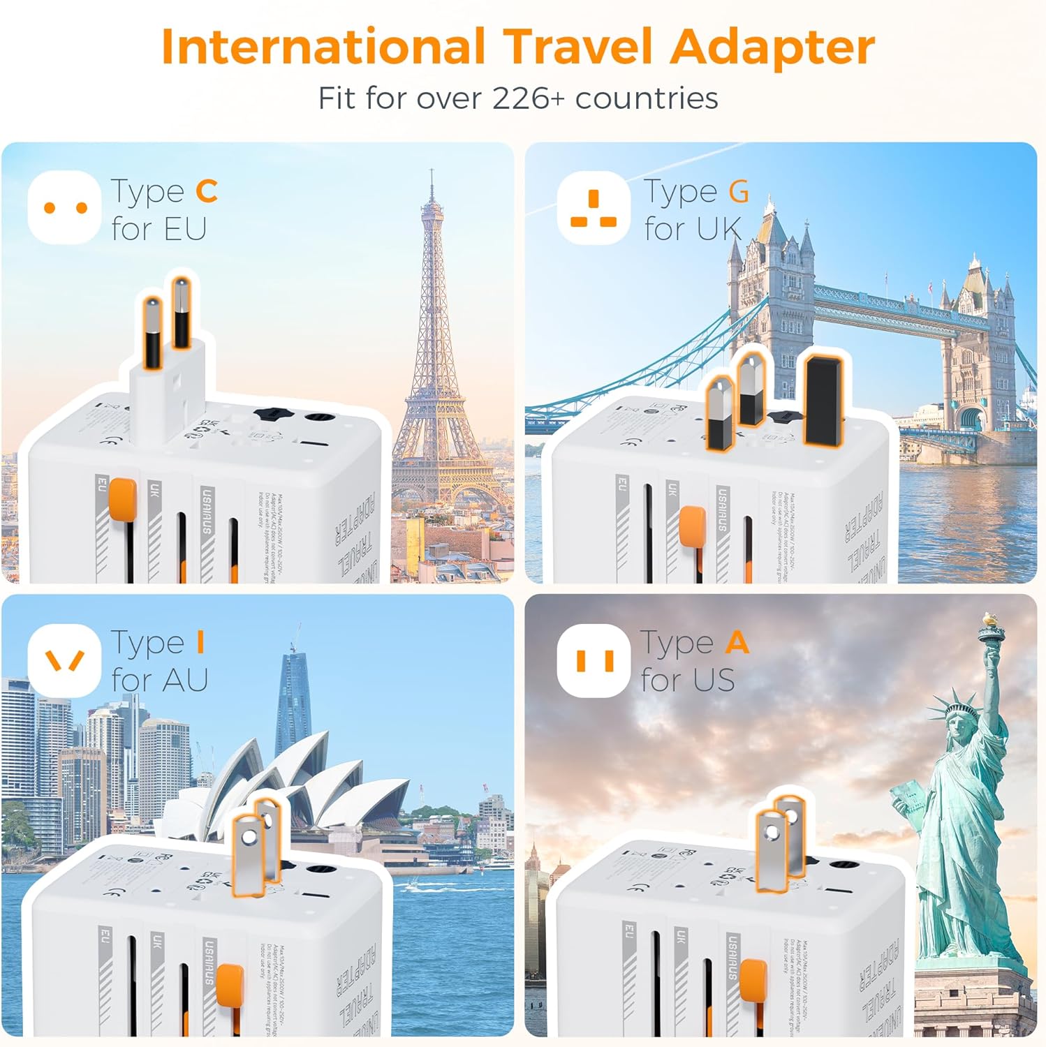 Thumbnail 1 de TESSAN Universal Travel Adapter 35W with 3 USB-C and 2 USB-A Ports (UK to EU/US/AUS/Ireland) – 6-in-1 Worldwide Outlet