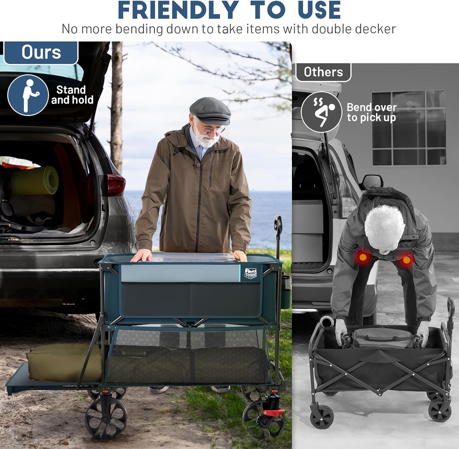 Thumbnail 2 de TIMBER RIDGE 400L Large Capacity Folding Double Decker Wagon Cart with Brakes (54" Extender, 450 lbs)