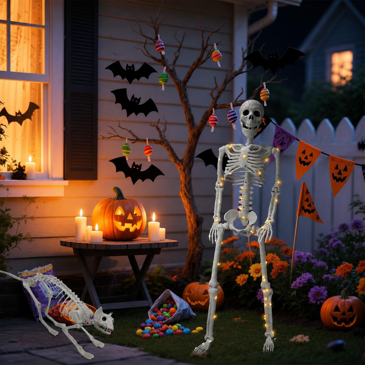 Detalle 2 de IDEAALS SHC Lighted Human and Cat Skeleton Halloween Decorations, 3-Foot Set