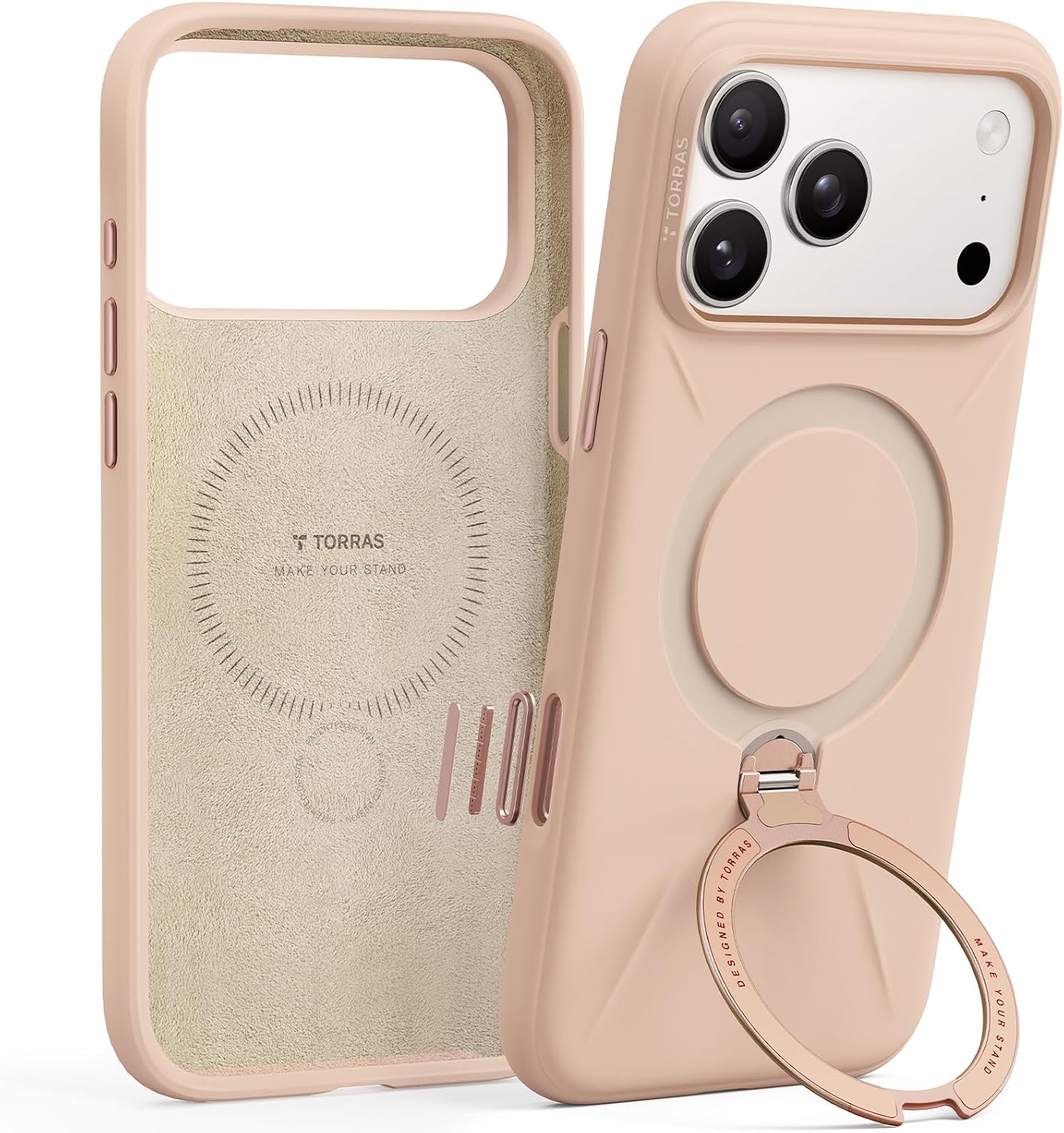 Detalle de TORRAS Q3 Silicone Case for iPhone 17 Pro Max with MagSafe Stand, Bliss Pink