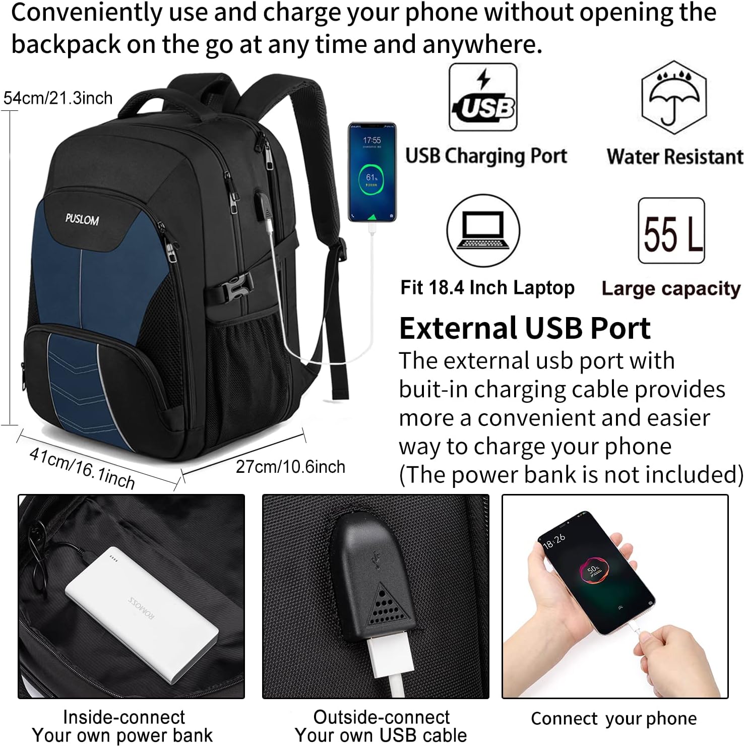 Thumbnail 1 de PUSLOM Mochila Hombre 55L para portátil 18,4