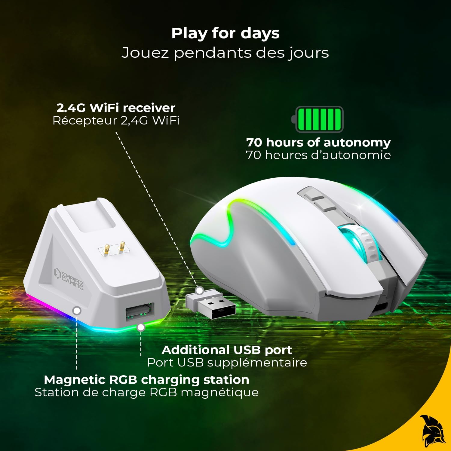 Detalle de EMPIRE GAMING RF908 — souris gamer sans fil rechargeable RGB (WiFi 2,4 GHz / Bluetooth / USB-C)