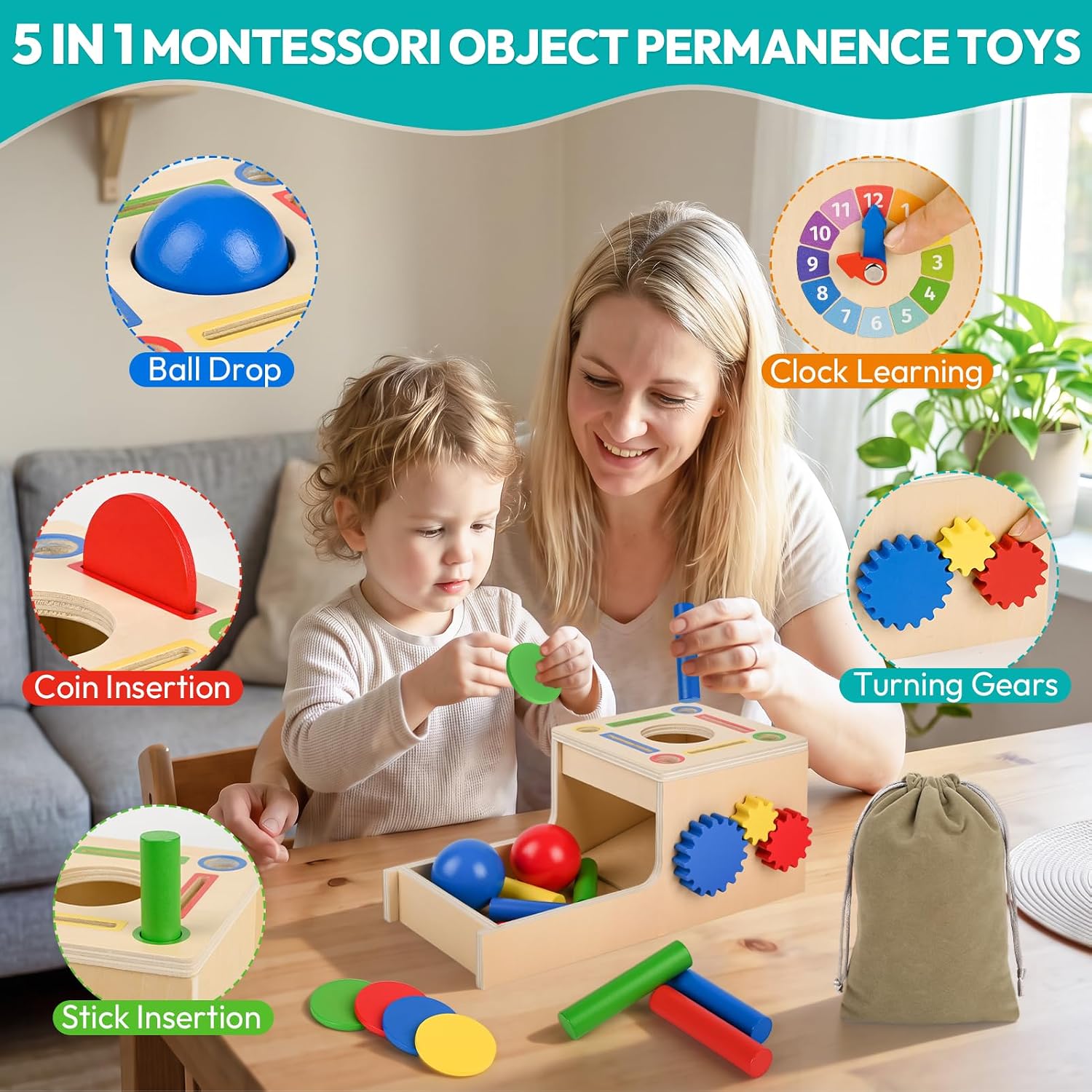 Detalle 2 de BoxNoble Montessori Object Permanence Toy, Wooden