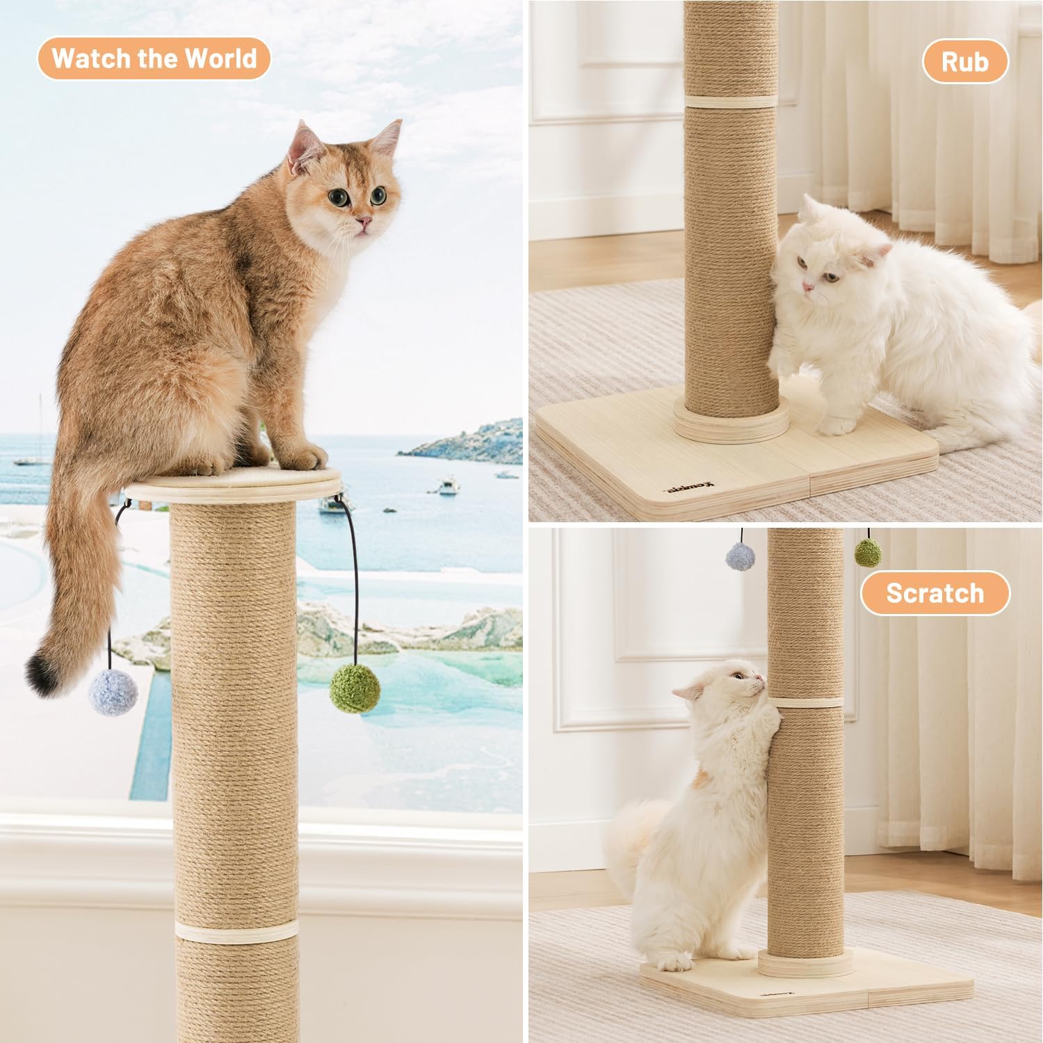 Thumbnail 6 de ZOMISIA 88cm Tall Cat Scratching Post with Sisal Rope & Dangling Balls
