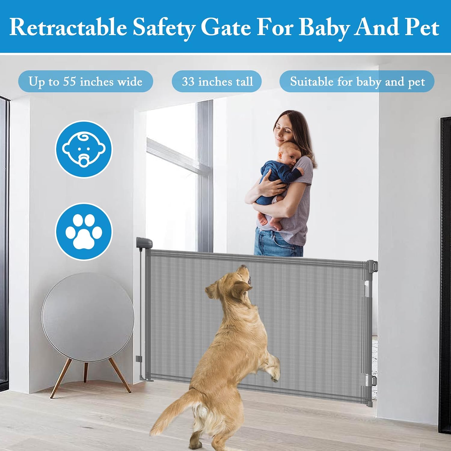 Thumbnail 2 de Ausziehbares Treppenschutzgitter für Babys (0–140 cm), 83 cm hoch – einhändig bedienbar, für innen & außen