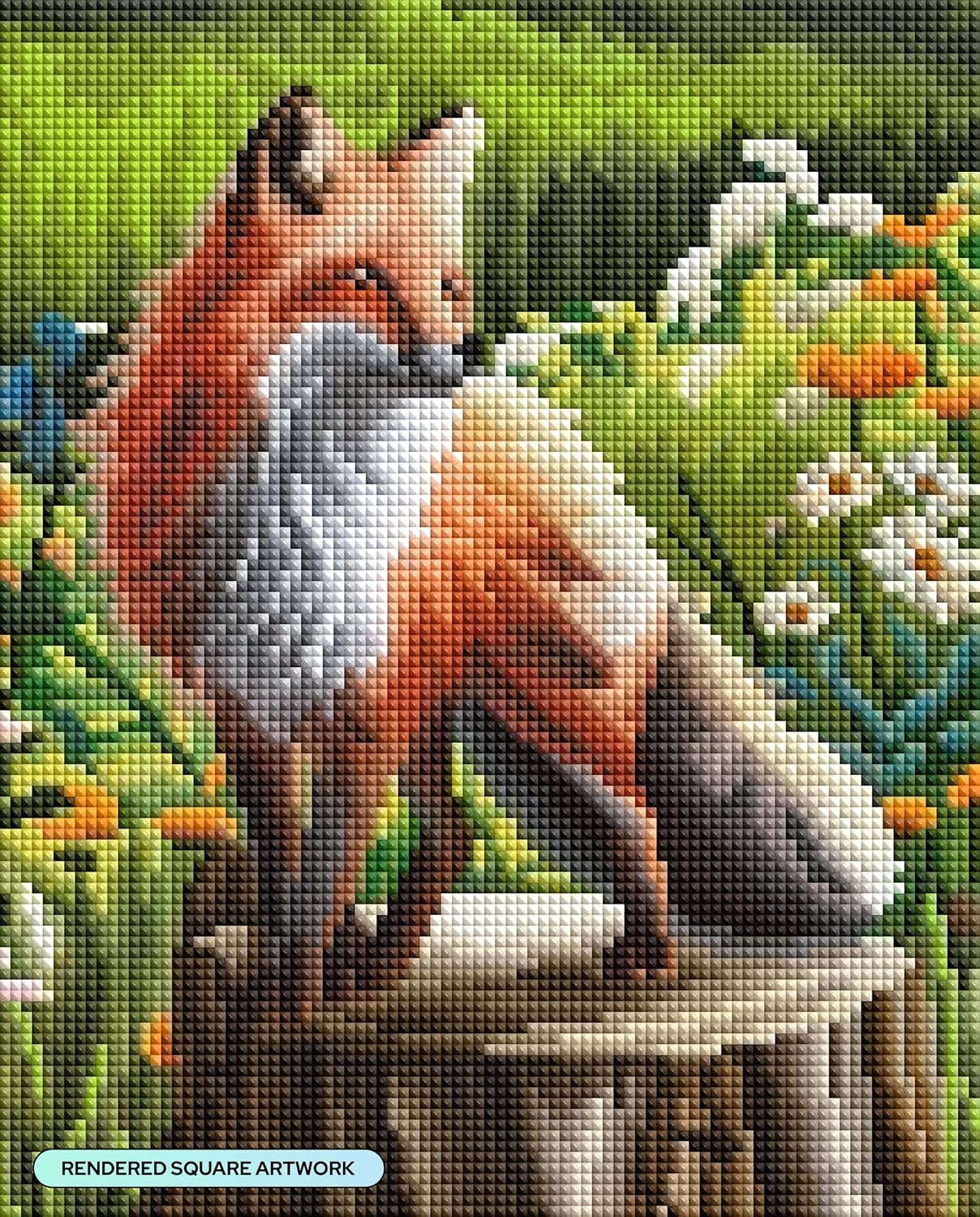 Detalle de DIAMOND ART CLUB Foxie Among the Flowers ダイヤモンドアートキット、52色・スクエアビーズ