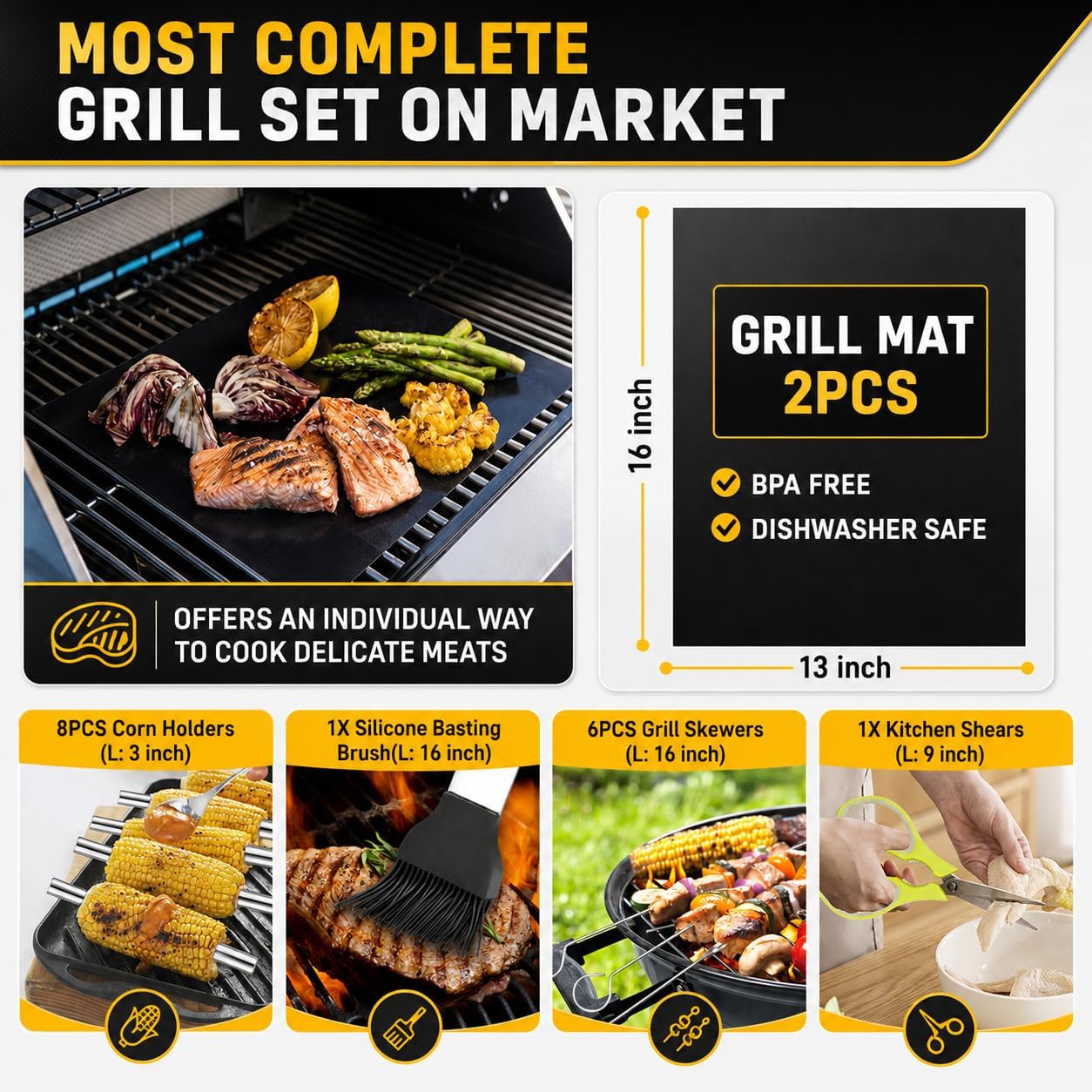 Detalle de TAIMASI BBQ-34 Grill Tool Set, 16-Inch Stainless Steel, Thermometer and Grill Mats