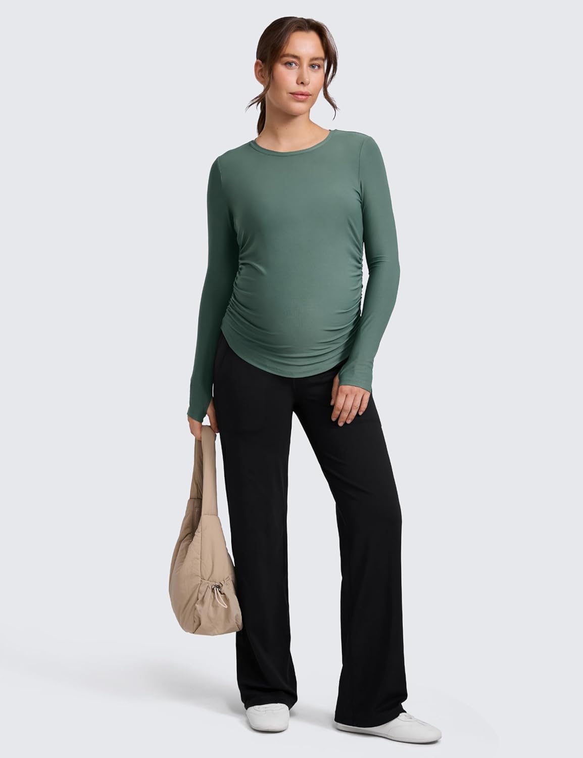 Detalle de CRZ YOGA Womens Cloudweight Maternity Long Sleeve Tops Ruched: Lightweight, No-fuss Comfort for Pregnancy and Beyond