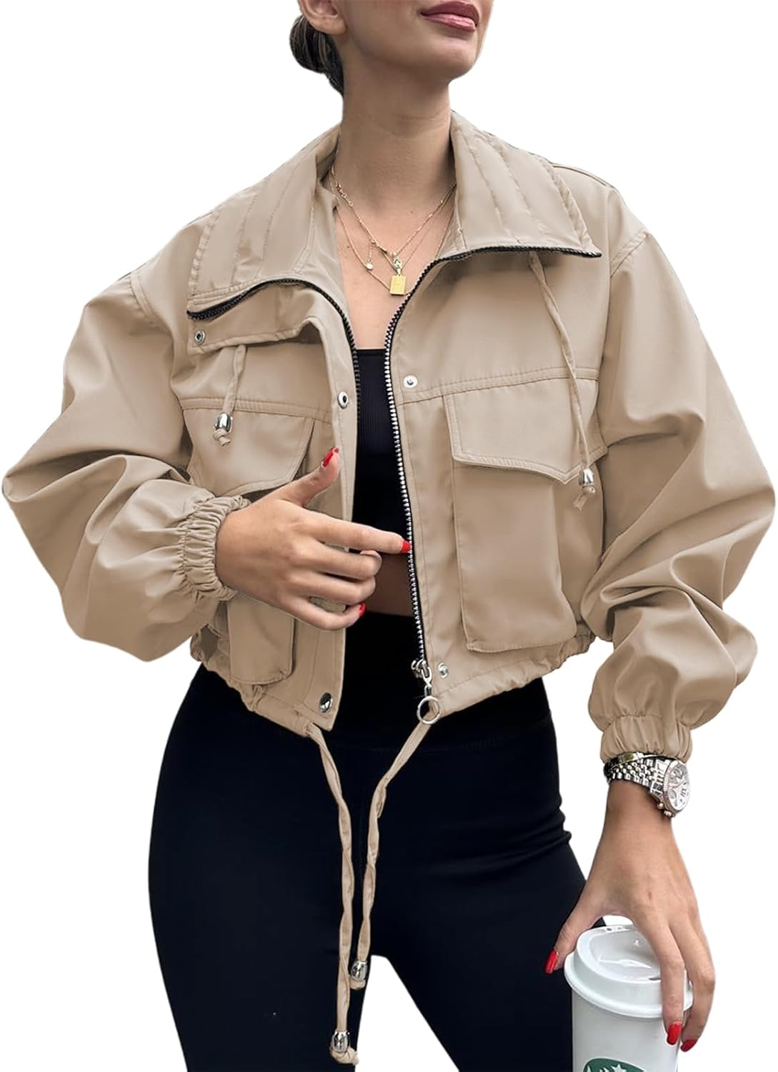 Detalle de Tankaneo Womens Cropped Jacket Zip Up Lightweight Oversized Utility Anorak Coat with Pockets