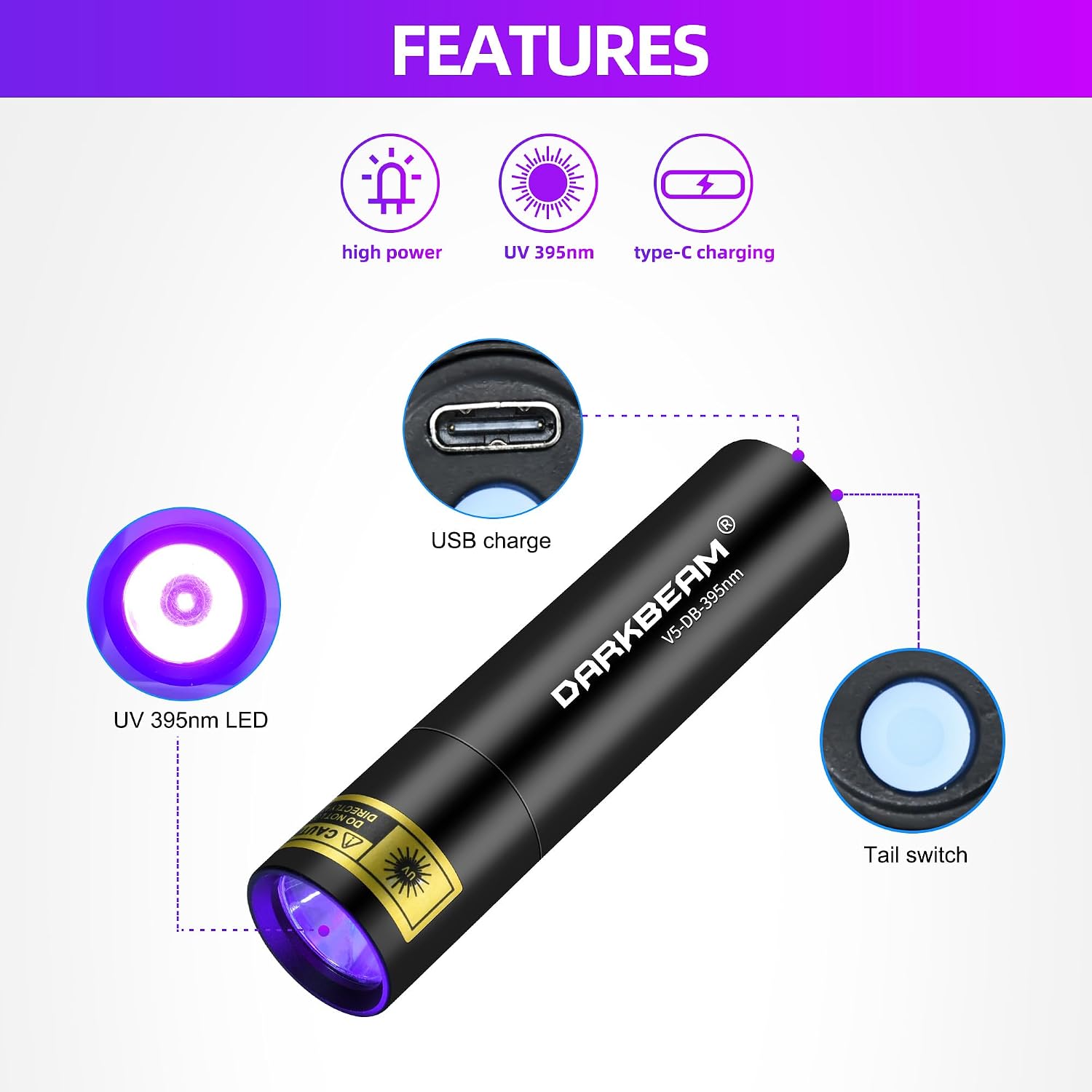 Detalle de DARKBEAM 395 NM UV Flashlight (USB-C Rechargeable) – handheld Wood’s lamp for UV fluorescence, resin curing & pet urine detection