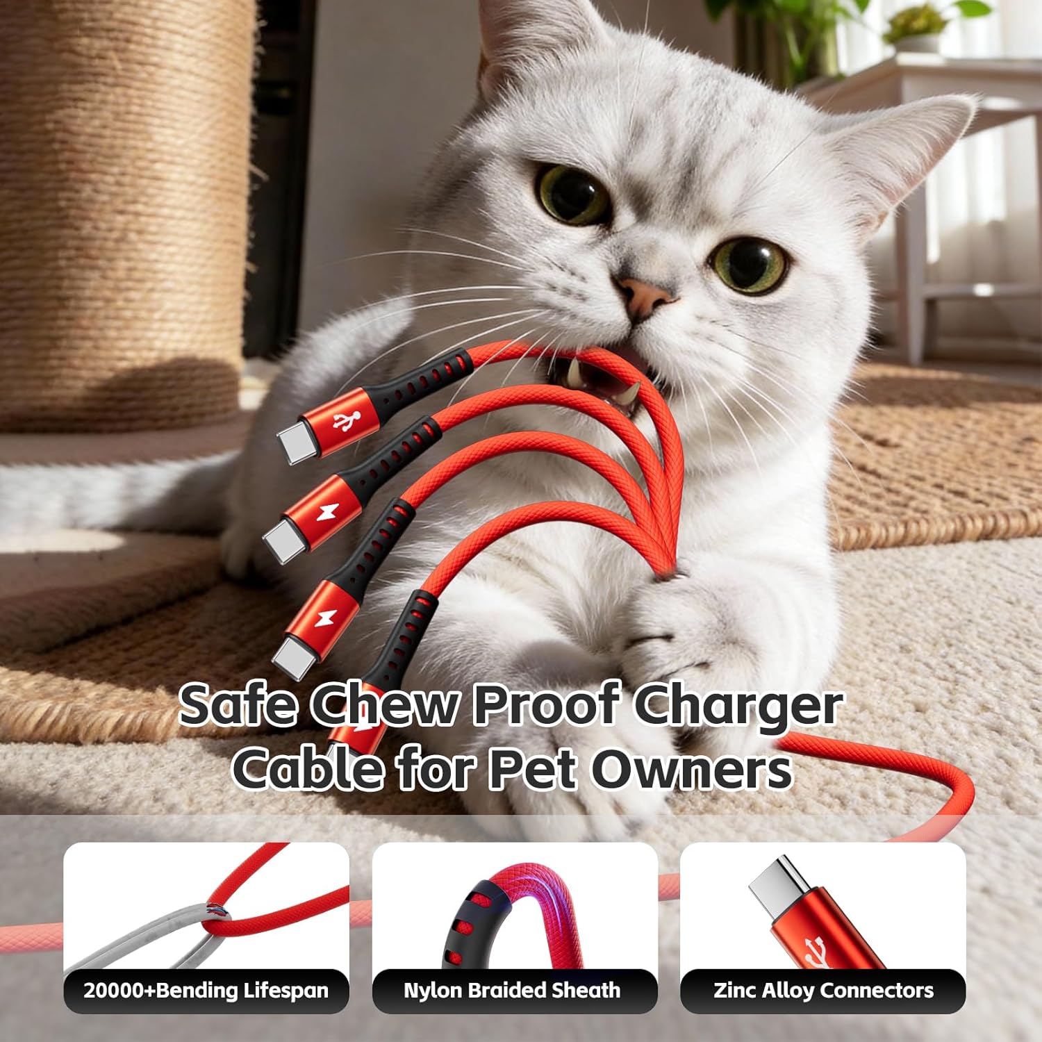 Thumbnail 4 de Amuvec 4 in 1 USB-C Multi Charger Cable (2.2m) – 3A USB-A to 4 Type-C Splitter, QC 3.0, braided lead (Red)