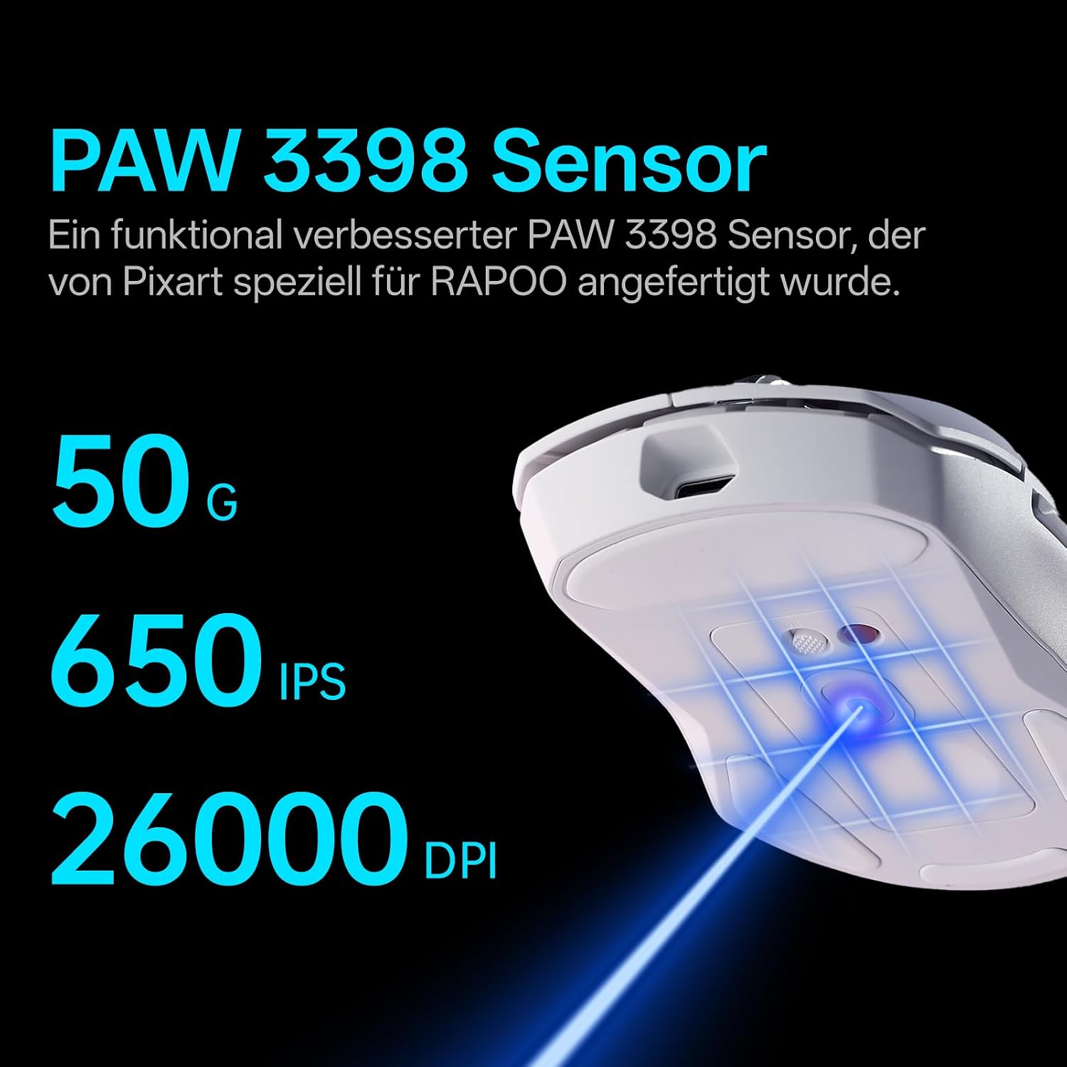 Detalle de Rapoo VT9Pro 4K Kabellose Gaming-Maus mit PAW 3398 Sensor – 26000 DPI, 4000 Hz, 68 g