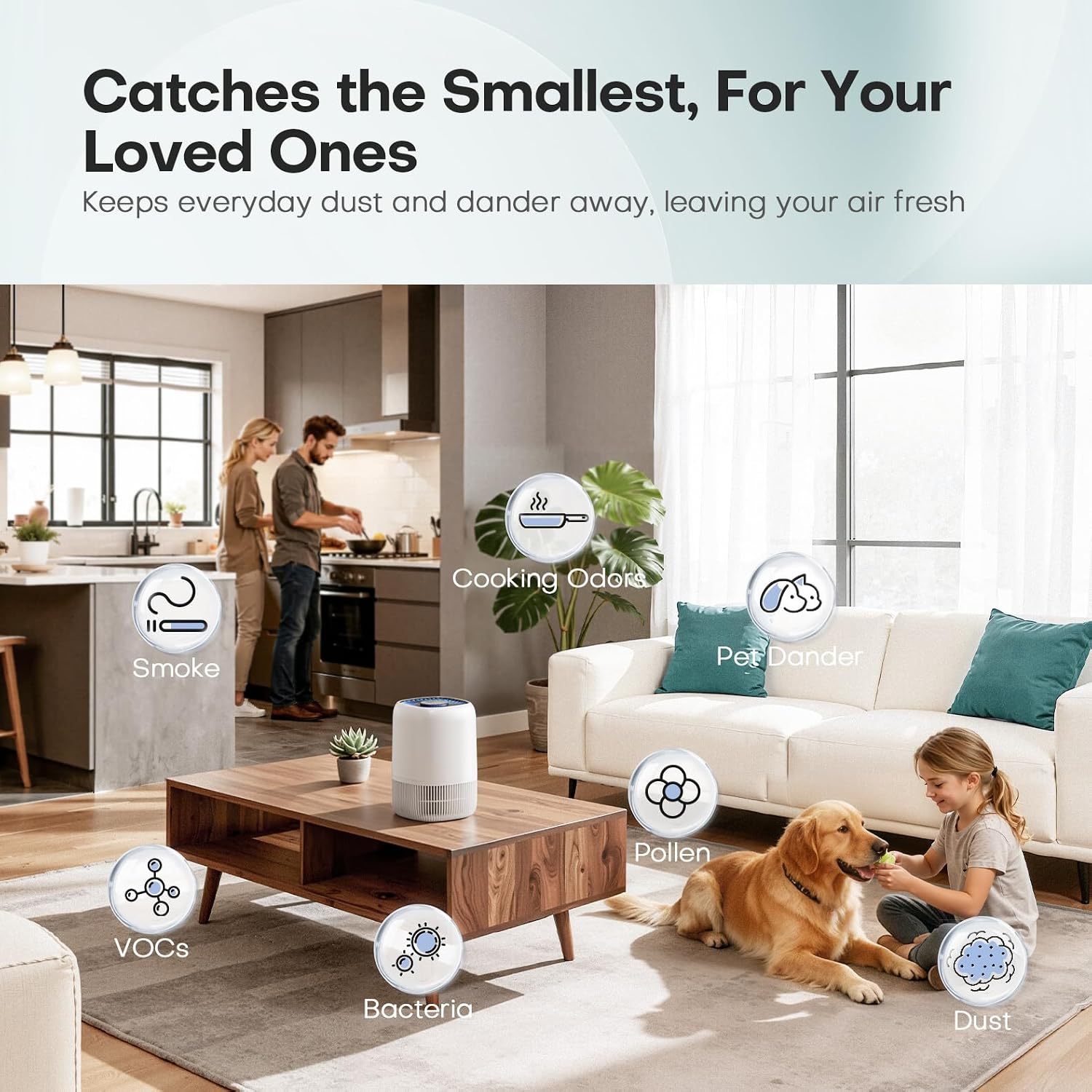 Detalle de VOOPNU Air Purifiers for Home: 360° Clean Air Up to 1,076 ft² with True HEPA