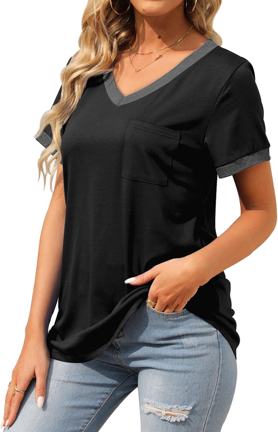 Thumbnail 2 de Geifa Women's Short Sleeve V-Neck Loose Casual Summer Top with Pocket