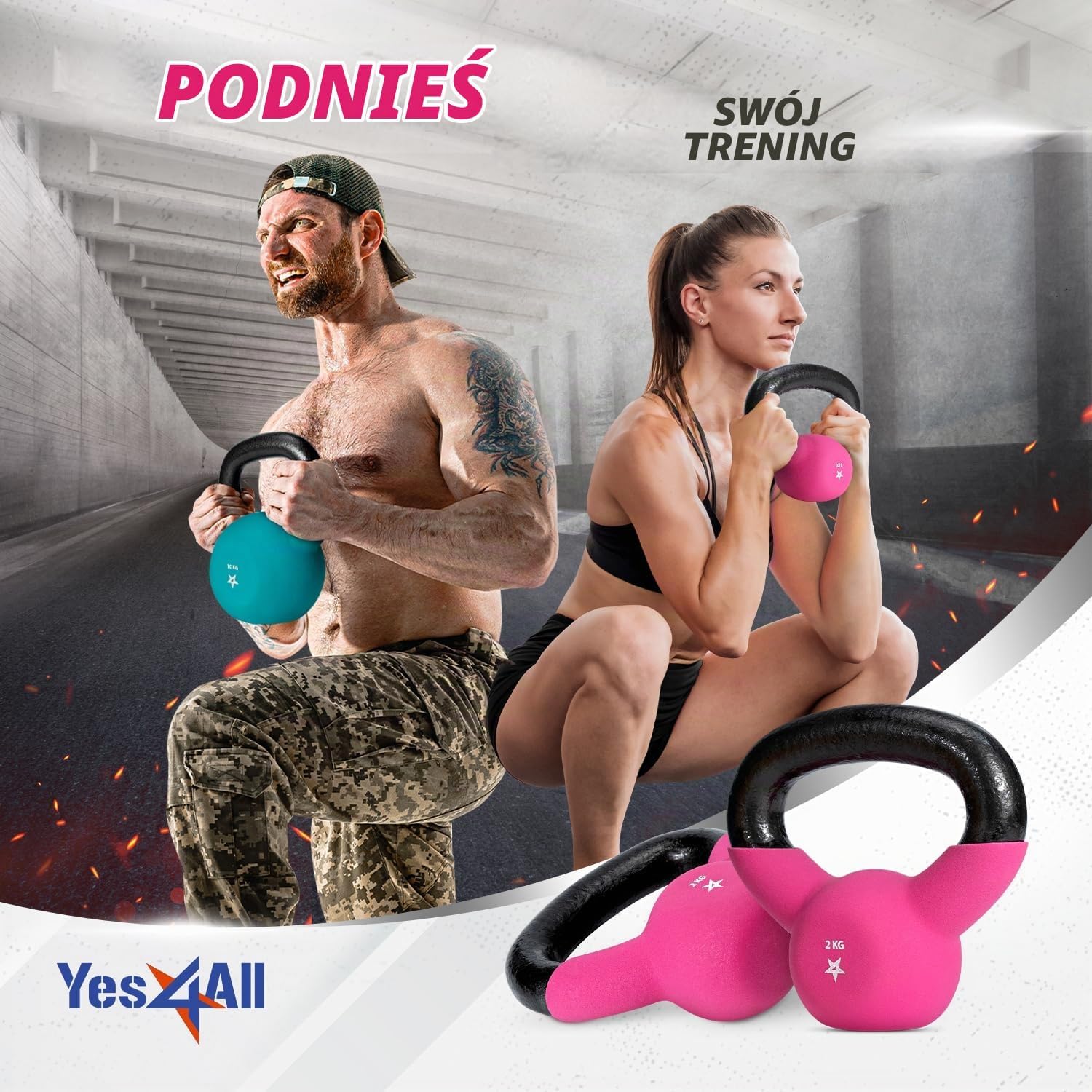 Thumbnail 6 de Yes4All kettlebell żeliwny 2 kg z powłoką neoprenową, różowy
