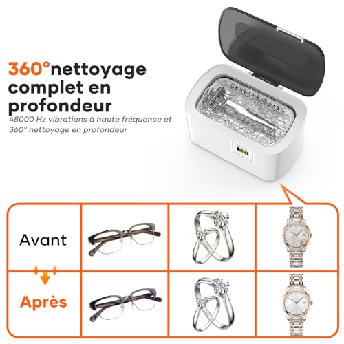 Detalle de KECOOLKE Nettoyeur à ultrasons 600 mL, 48 kHz, cuve en acier inoxydable