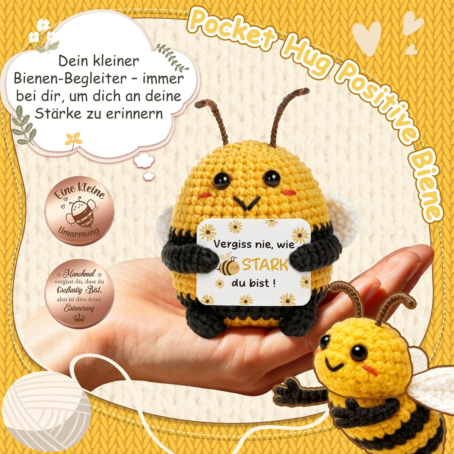 Thumbnail 4 de Giftota Pocket Hug – handgehäkelte Biene als Glücksbringer & Mutmacher mit Münze im Etui