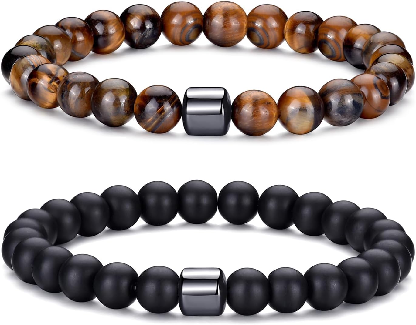 Detalle de MOROTOLE Herren-Armband-Set mit 8-mm Tigerauge, Lavastein und Obsidian – Stretcharmbänder aus Naturstein