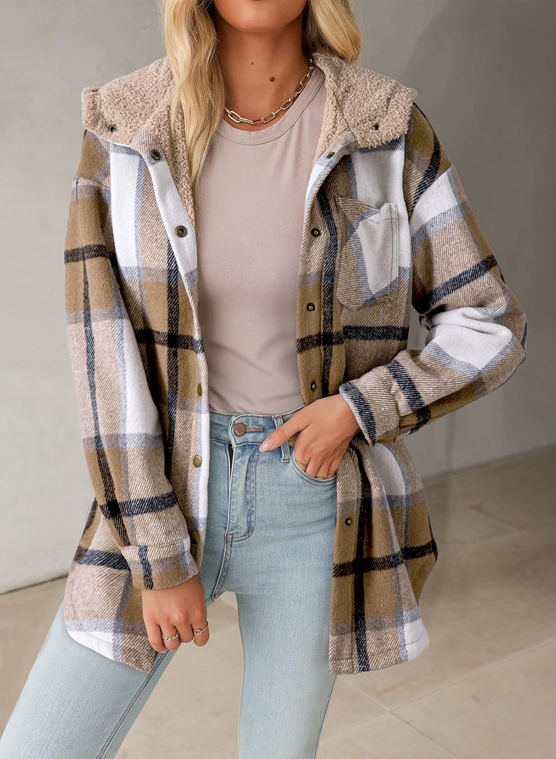 Detalle de Dokotoo 2025 Flannel Hooded Plaid Shacket — Jacket
