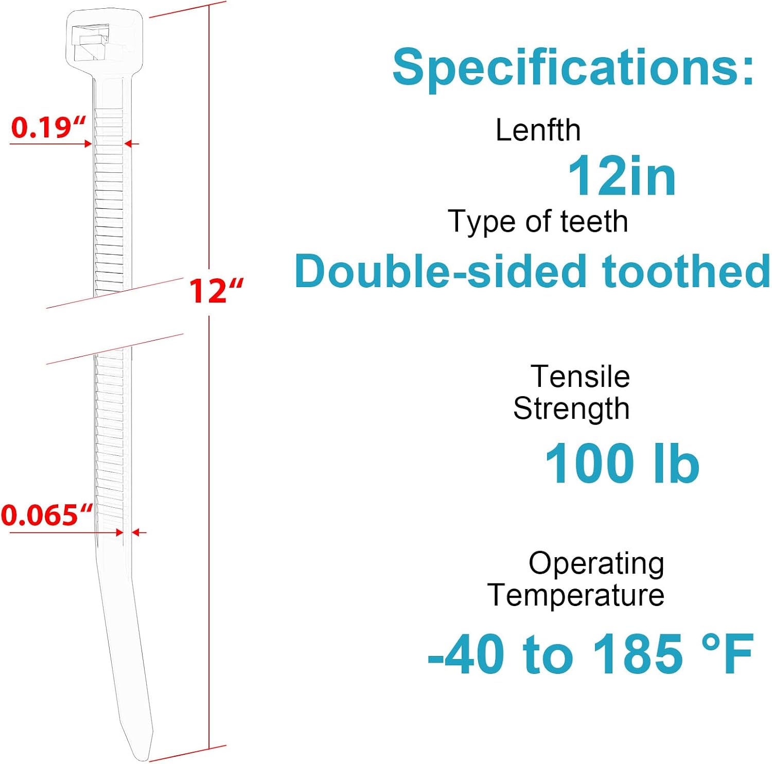 Detalle 2 de JIANYANG 12inch 100 pack 12-Inch Nylon Cable Ties, 100 lb, Double-Toothed