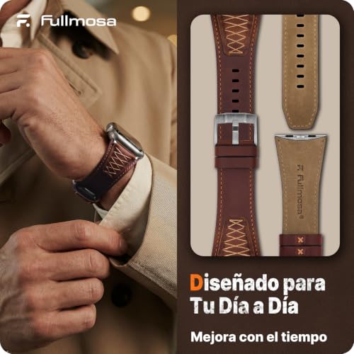 Detalle de Fullmosa Correa de Cuero para Apple Watch Ultra 3/2/1 y Series 11-1 (49mm-42mm) – Marrón con Acabado Plata
