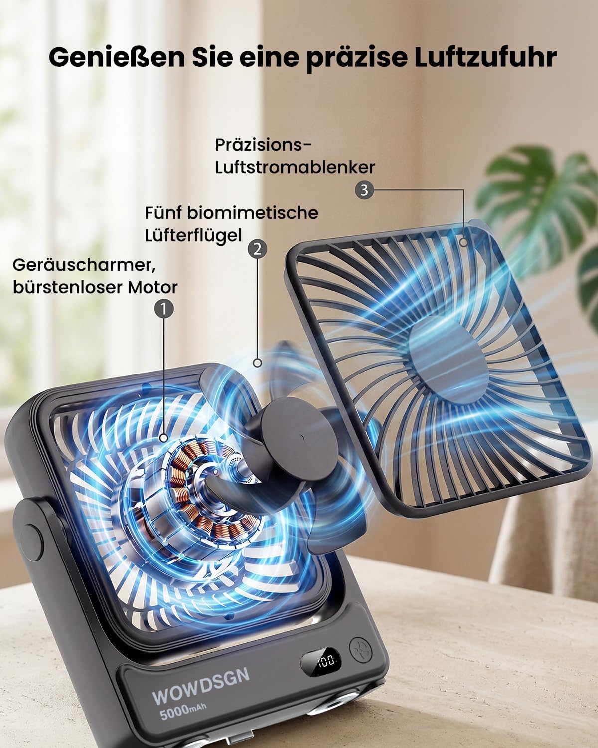 Detalle de WOWDSGN Tischventilator USB mit Starker Magnetbefestigung, 5000 mAh Akku, LED-Display und 4 Stufen – kompakt, flexibel und ideal für Camping, Wohnmobil und Büro