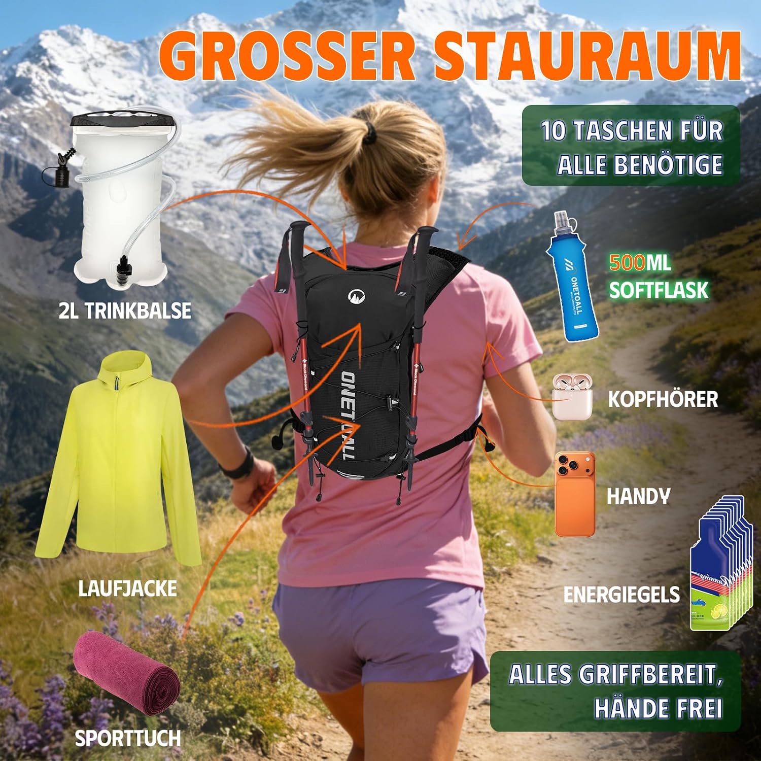 Thumbnail 1 de ONETOALL Laufweste Damen mit 2L TPU Trinkblase – reflektierender 6L Running Vest (190 g)
