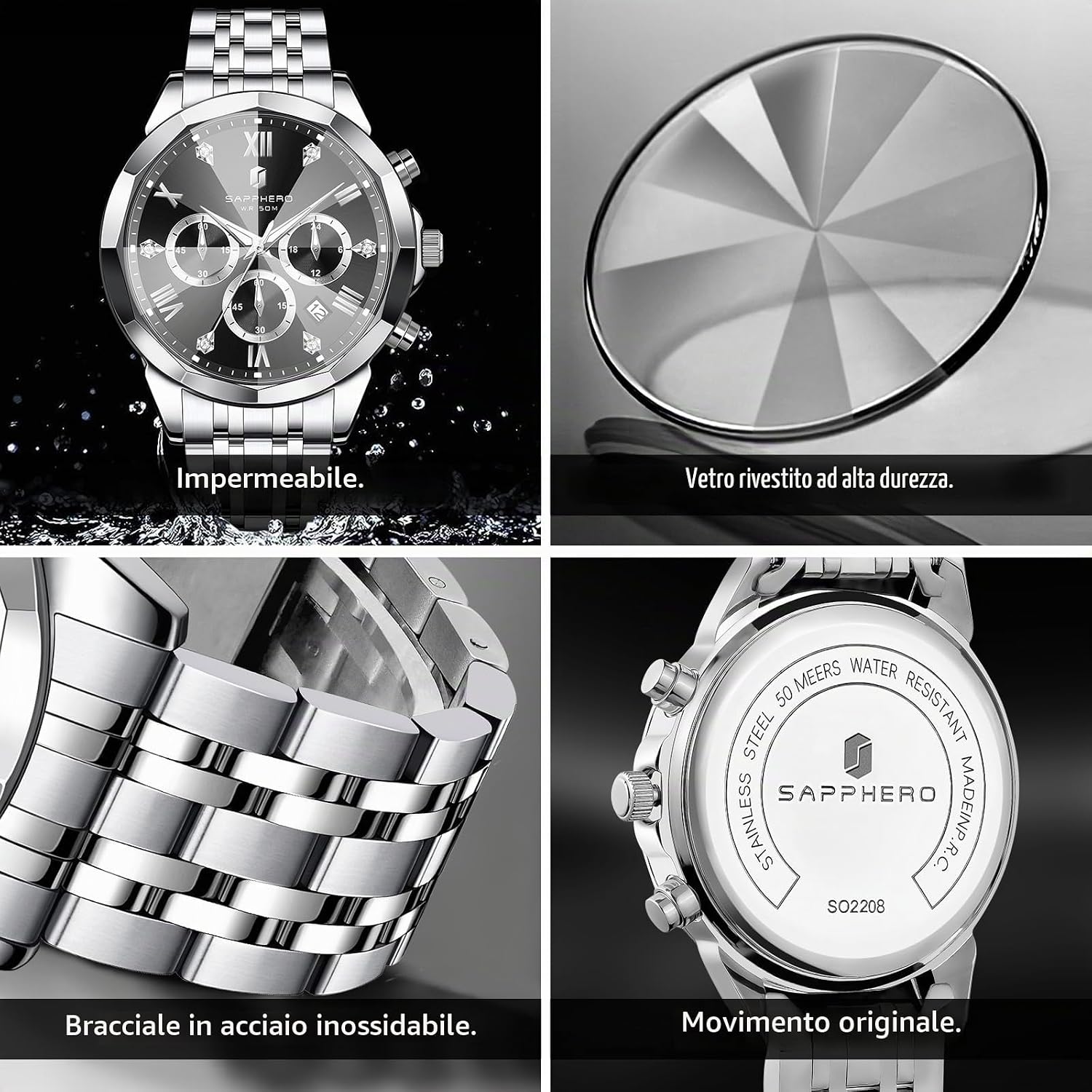 Detalle de SAPPHERO Orologio da uomo Analogico Quarzo Cronografo 50M – Elegante e Sportivo in Acciaio