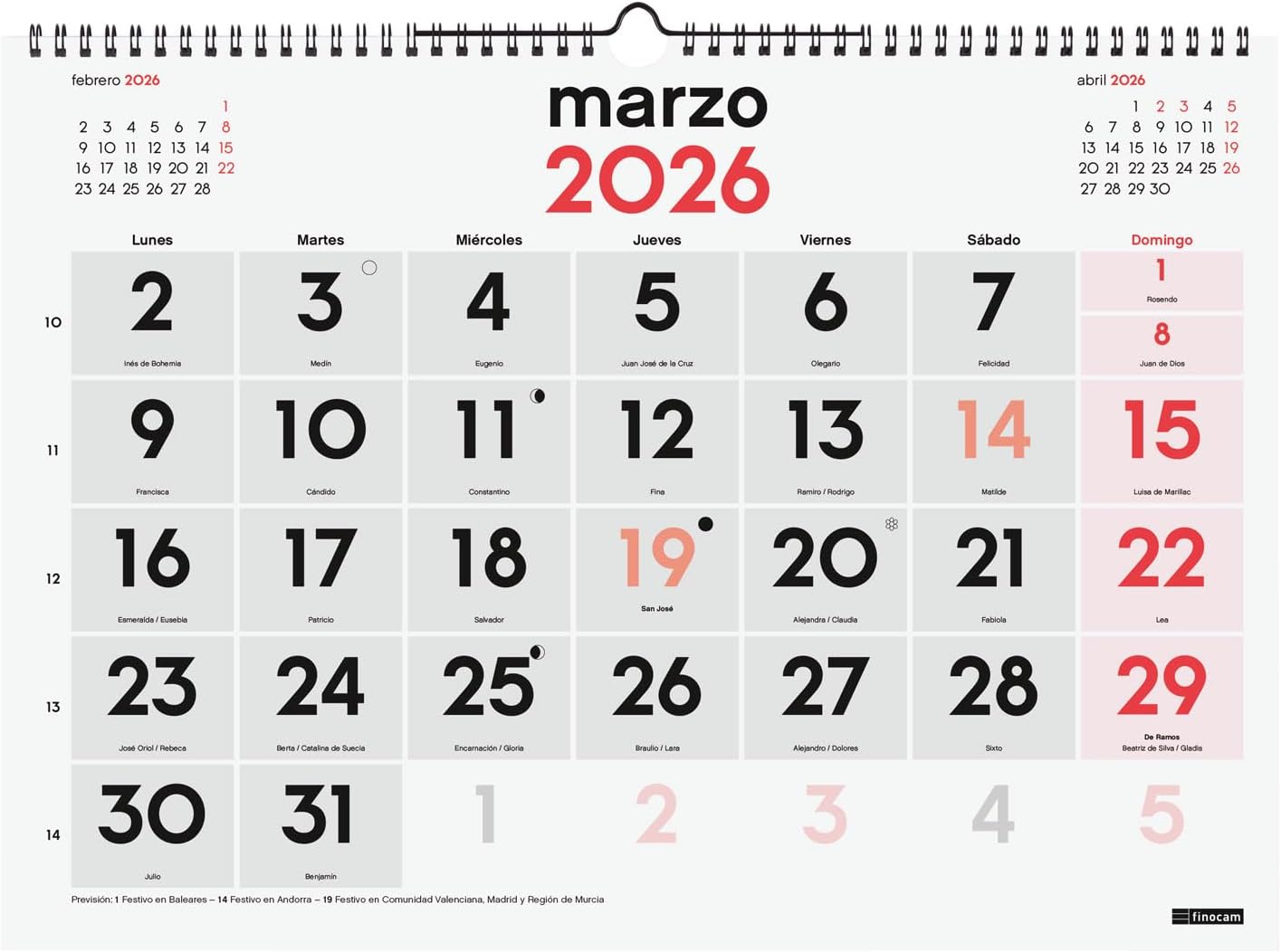 Detalle de Finocam Calendario de Pared Números Grandes 2026