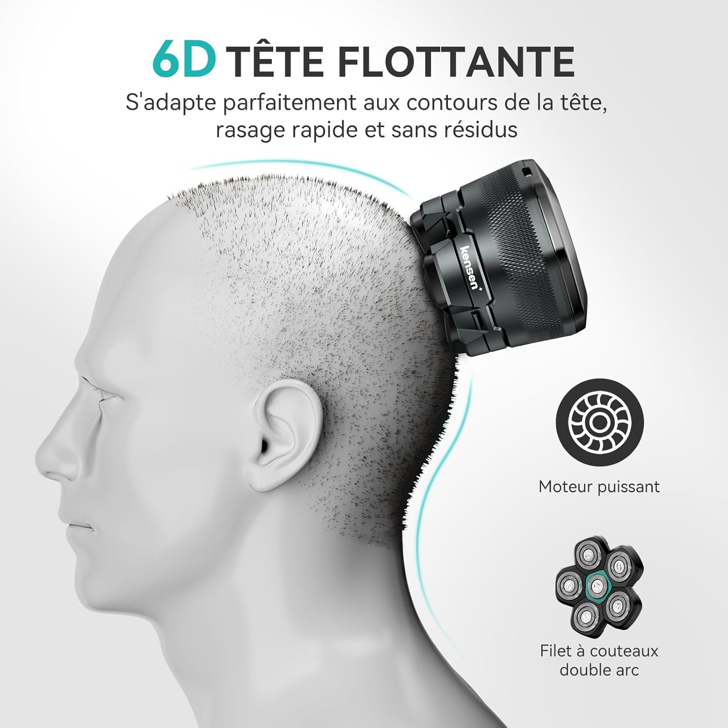 Thumbnail 5 de kensen Rasoir Tête Chauve Homme 6D — rasoir électrique Wet & Dry étanche, 160 min d’autonomie