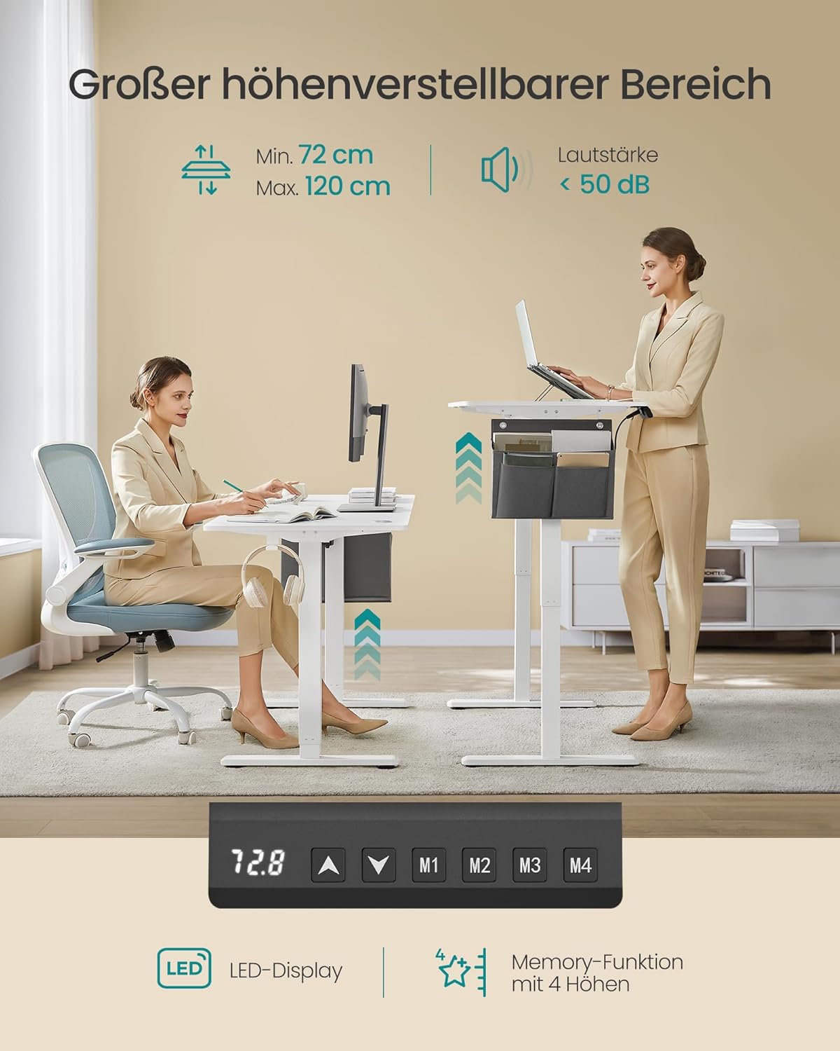 Thumbnail 3 de SONGMICS Höhenverstellbarer Schreibtisch elektrisch 140 × 60 cm – 4 Speicherhöhen, stufenlos verstellbar