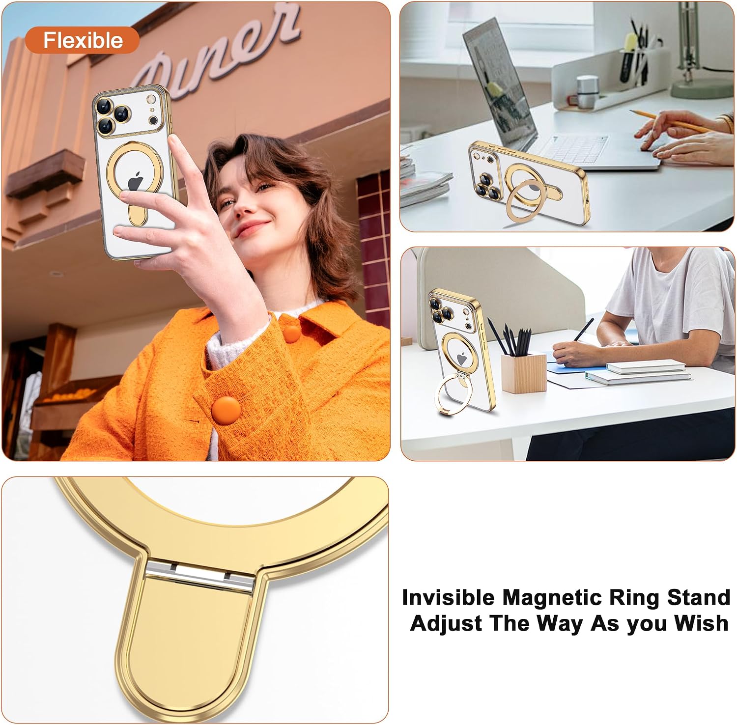Detalle de ETPESOK Clear Case for iPhone 18 Pro, Gold Plating, Magnetic Ring Stand