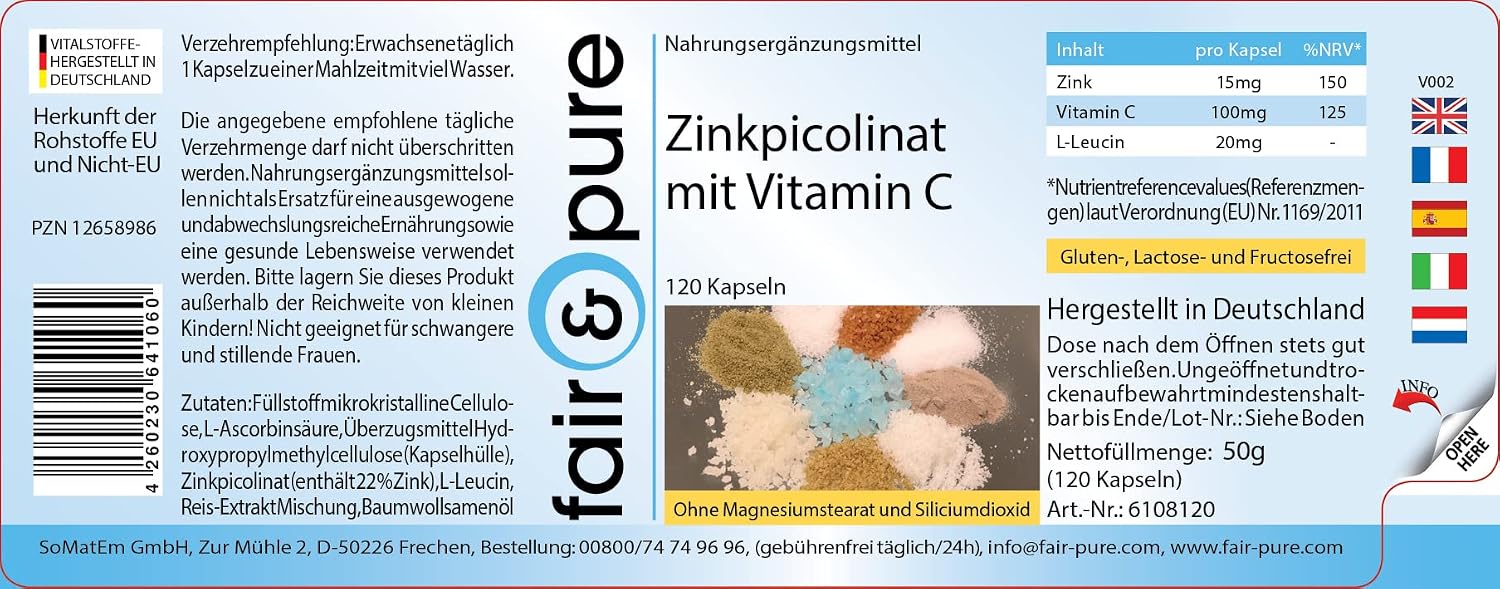 Detalle 2 de Fair & Pure Zinkpicolinat 15 mg mit Vitamin C – 120 Kapseln, vegan & schluckfreundlich
