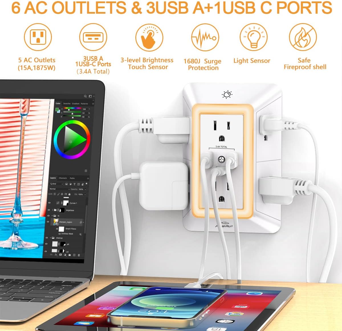 Detalle de POWRUI AHR-508 3-Sided Outlet Extender with Surge Protection, USB-C & Night Light