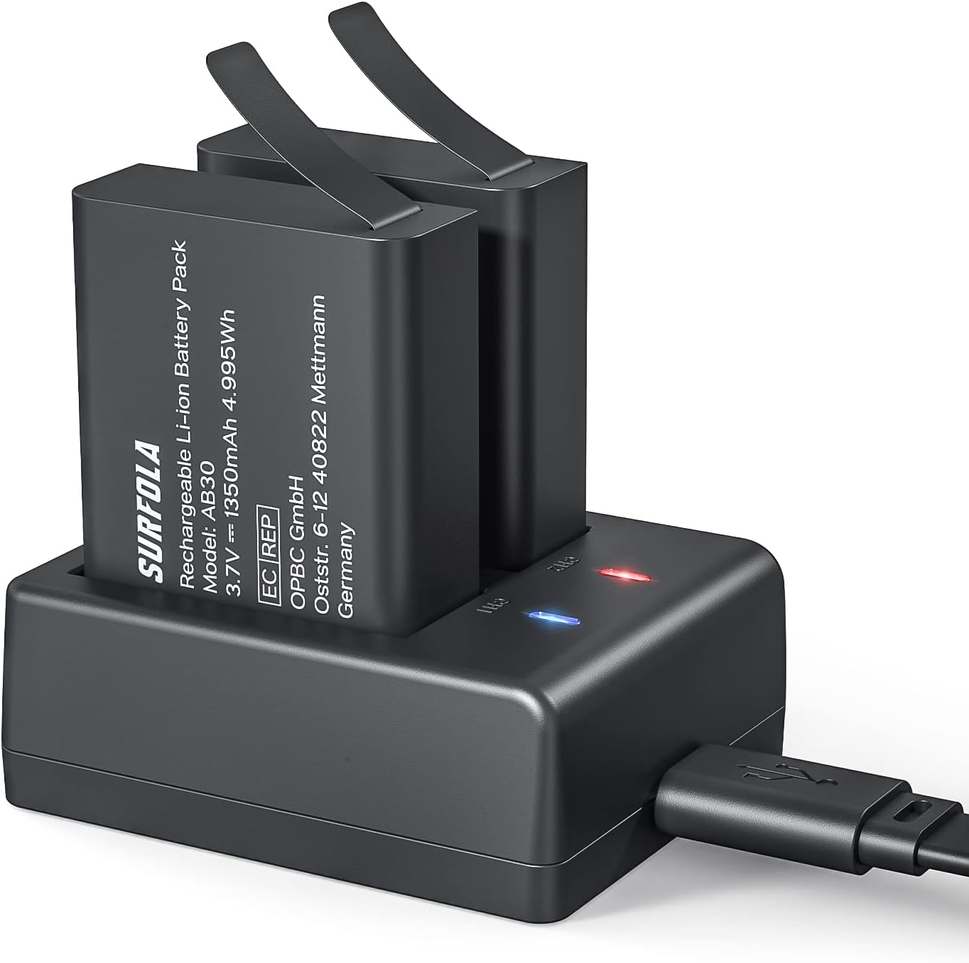 Batteries rechargeables Surfola (compatible Wolfang) 1350 mAh pour caméra sport – pack de 2 + chargeur USB double