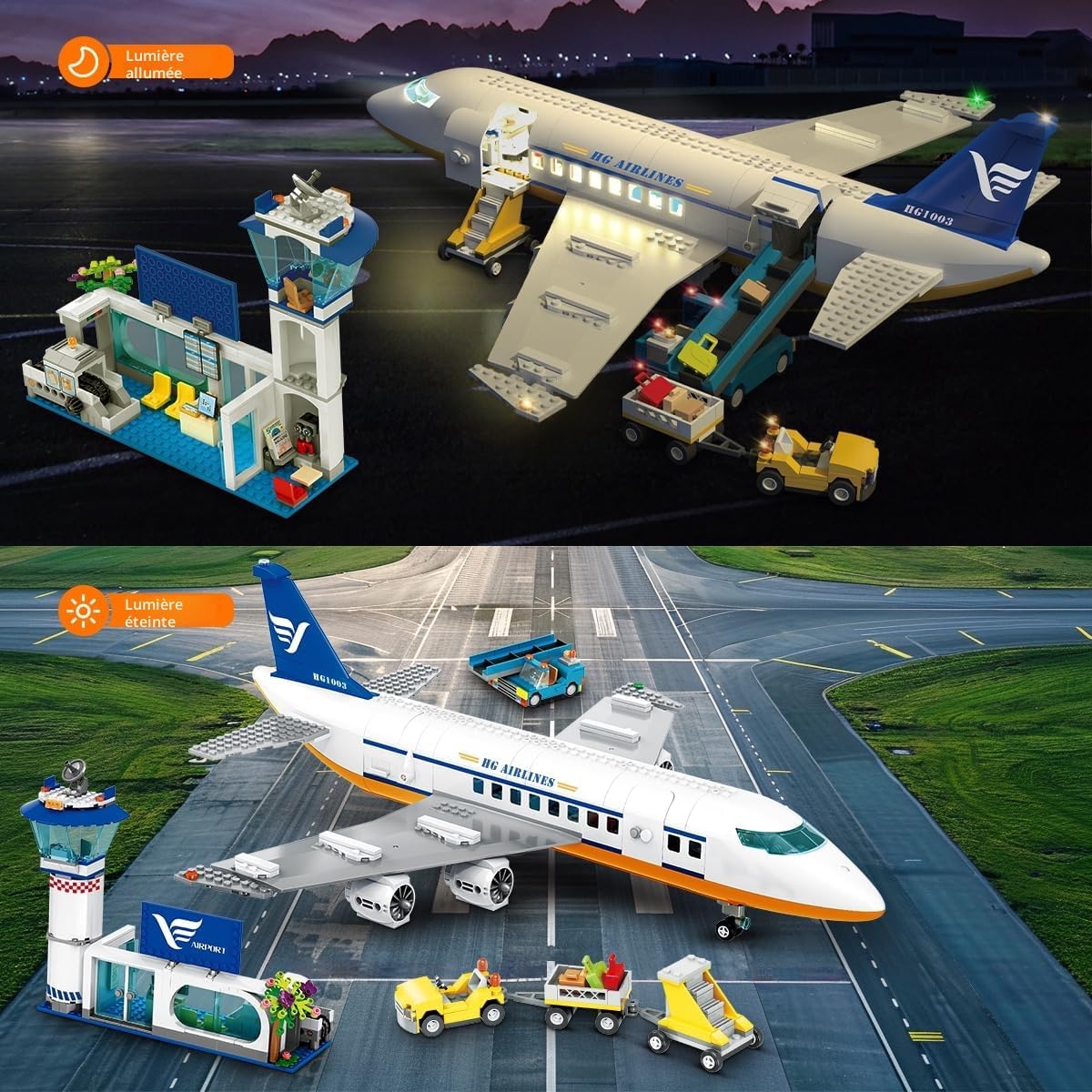 Detalle de HOGOKIDS City Avion de passagers (901 pièces) avec lumières LED et terminal d’aéroport