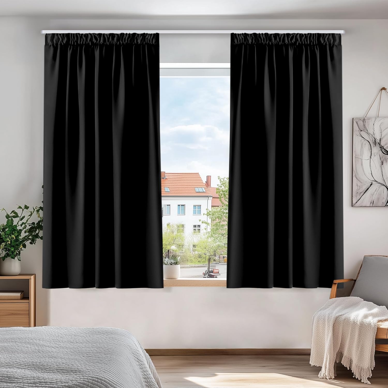 Thumbnail 1 de Deconovo Pencil Pleat Blackout Curtains Bedroom, 66 x 63 Inch, Black — Two Panels