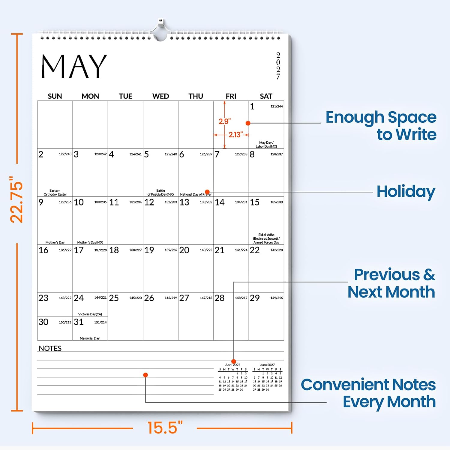 Detalle de SUNEE 2027 Wall Calendar, 18-Month Vertical Planner, 22.75" x 15.5