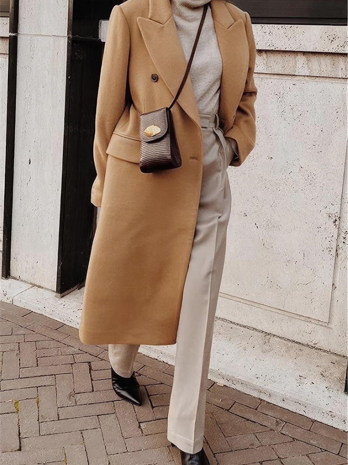 Detalle de IDEALSANXUN Women's Long Wool-Blend Peacoat, Double-Breasted, Below-Knee Length