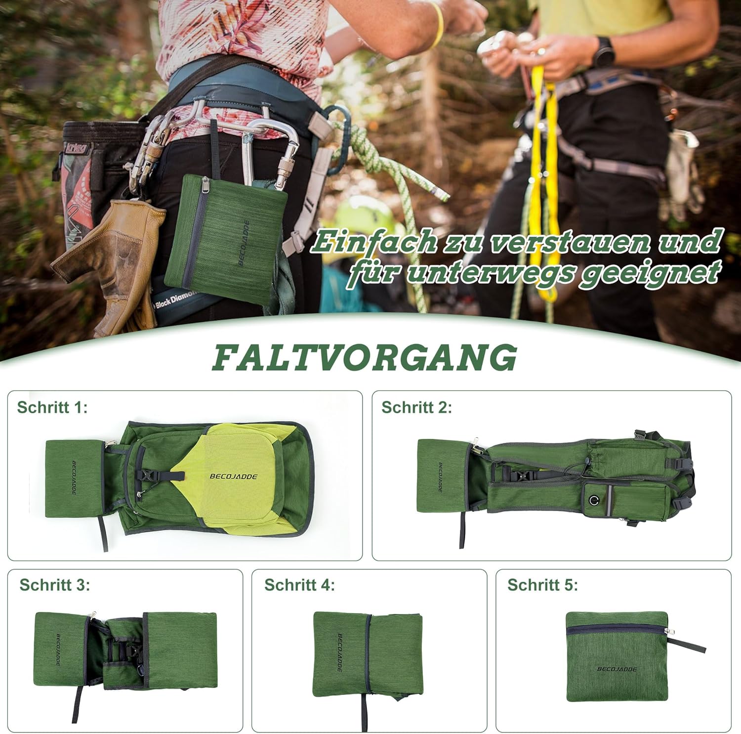Thumbnail 5 de BECOJADDE 15L Wanderrucksack mit Faltfunktion – leichter Daypack für Camping, Outdoor und Reisen (olivgrün/gelb)