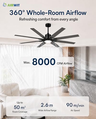 Detalle de Airwit Ventilador de Techo con Luz Extra Grande (183 cm) — rendimiento silencioso para salones y terrazas cubiertas