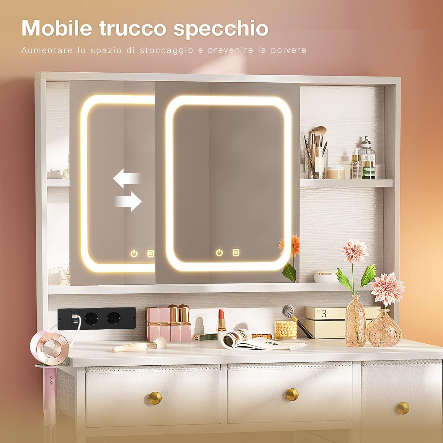 Detalle 2 de ODK Tavolo da toeletta con specchio LED mobile (5) – 8 cassetti, USB, barra RGB, bianco, 110 × 40 × 137 cm