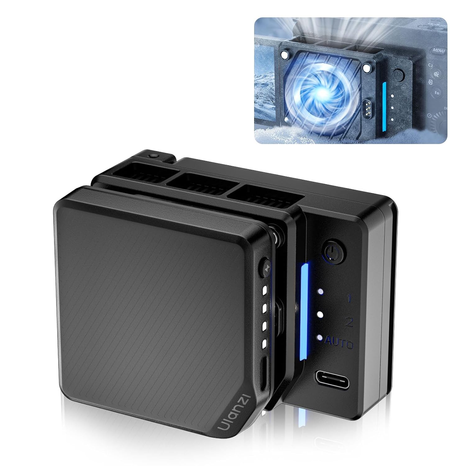 Detalle de ULANZI CU01 : refroidisseur pour appareil photo avec ventilateur, batterie 3300 mAh et charge USB Type-C