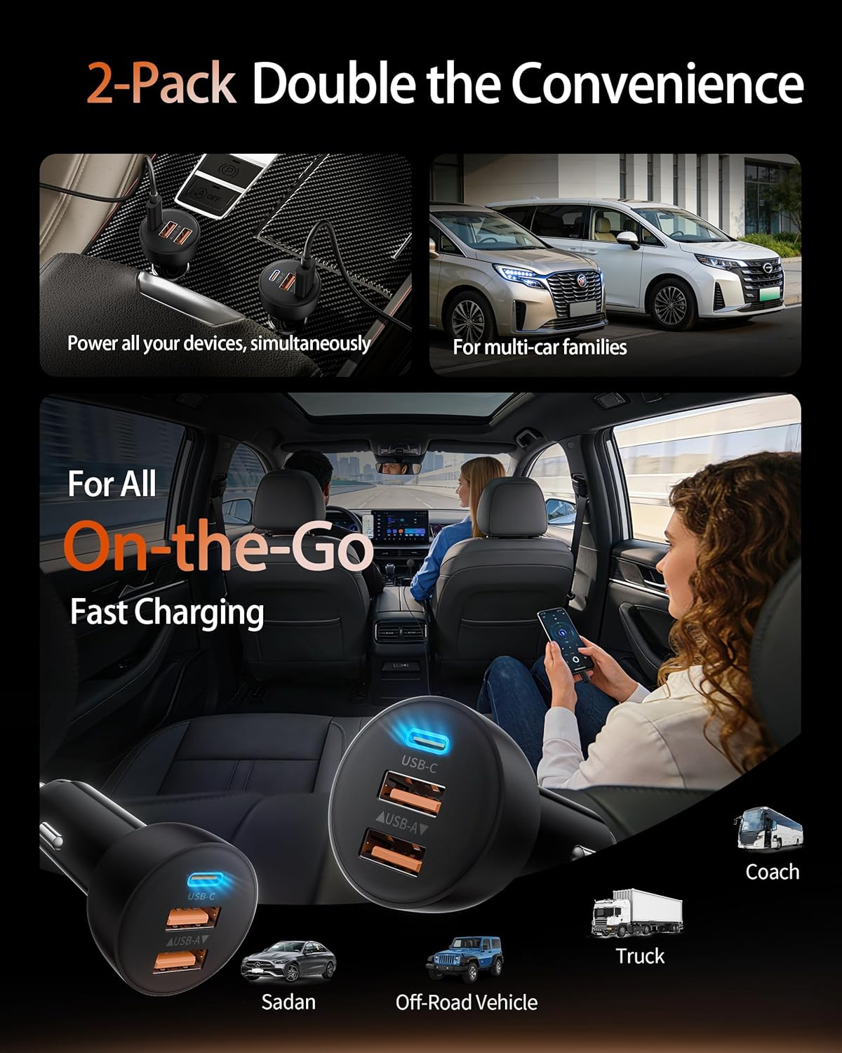 Thumbnail 6 de USB-C Car Charger 2-Pack (70W, 3-Port) with PD/QC Fast Charging for iPhone, iPad, Galaxy, Pixel & Android