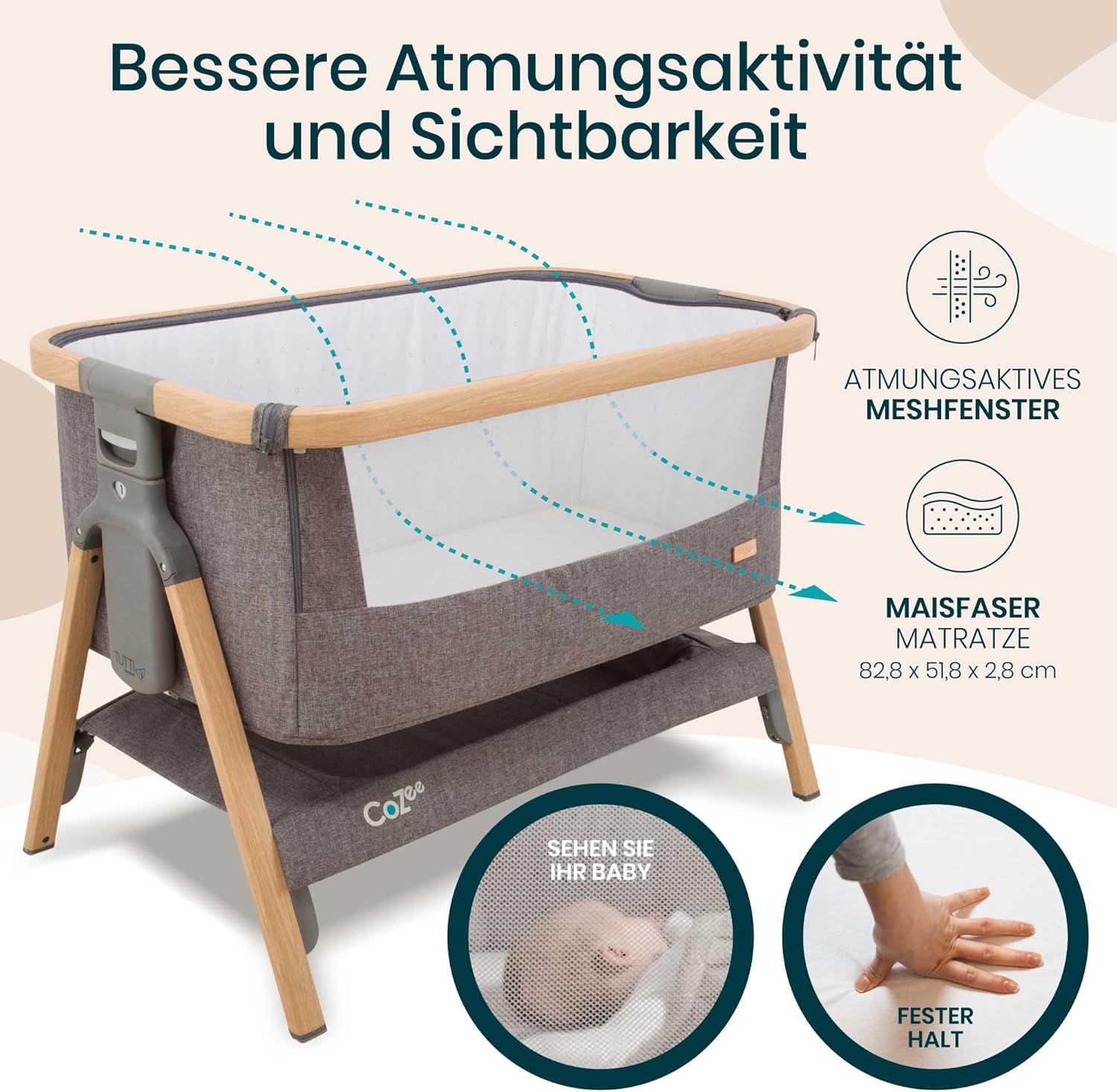 Thumbnail 5 de Tutti Bambini CoZee 2-in-1 Beistellbett & Reisebett (0–6 Monate) mit Matratze – 6-fach höhenverstellbar, faltbar, Mesh-Fenster – Eiche & Anthrazit