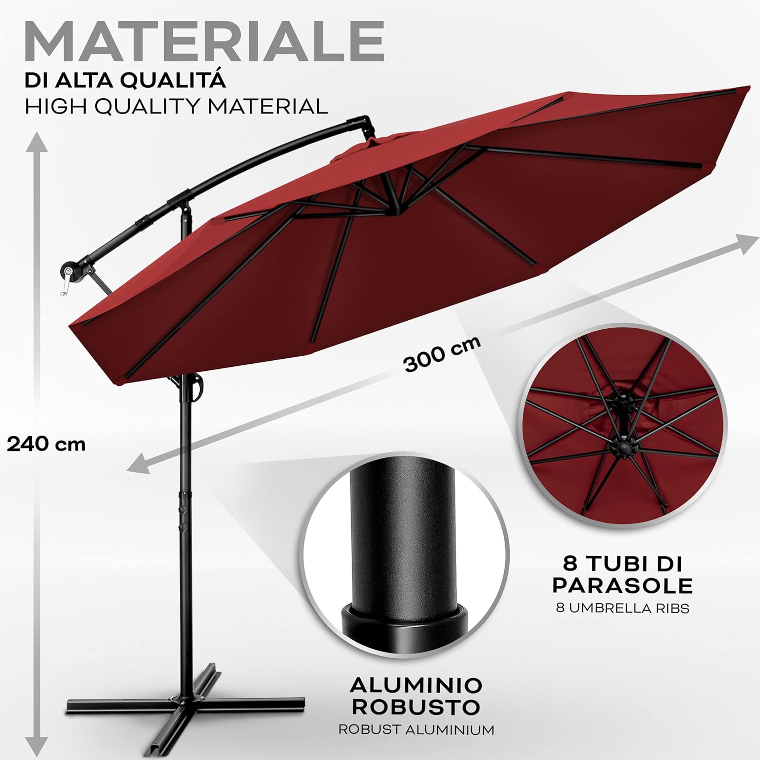 Thumbnail 2 de Tillvex Ombrellone da Giardino Ø 300 cm con Manovella – Alluminio, protezione UV e base inclusa