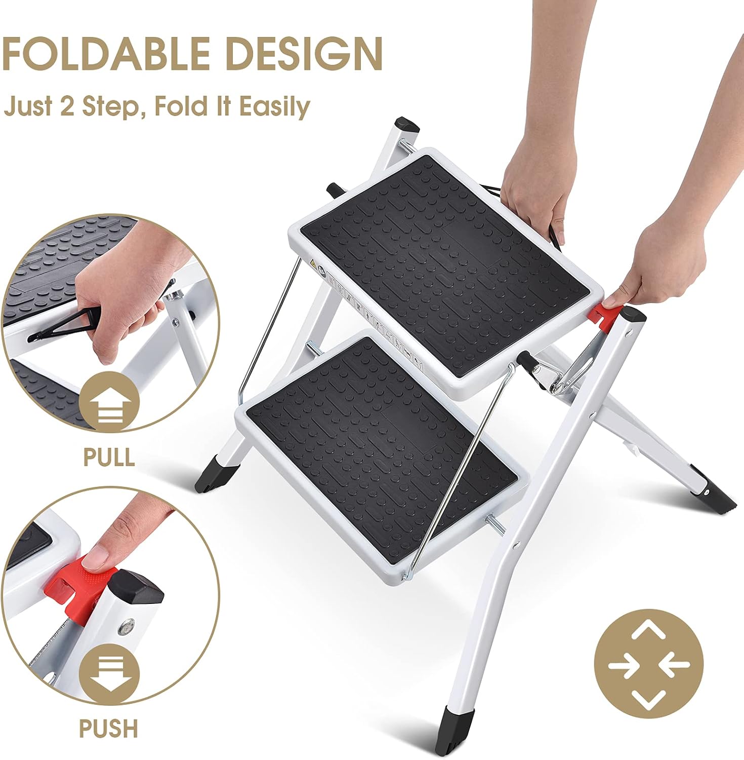 Detalle 2 de KINGRACK Folding Step Ladder (2-Step) foldable stepladder stool with handle, non-slip mat, up to 330lb, white